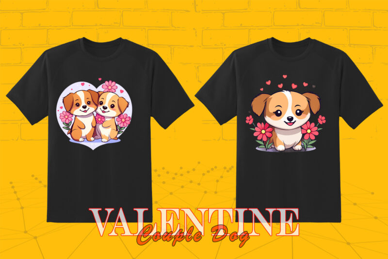 Valentines Day Dog Couple Cartoon Character Illustration T-shirt Clipart Bundle for Trendy T-Shirt Designs