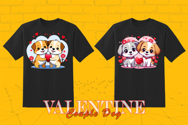 20 Valentines Day Dog Couple Cartoon Character Illustration T-shirt Clipart Bundle