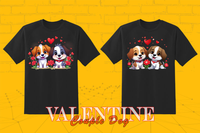 20 Valentines Day Dog Couple Cartoon Character Illustration T-shirt Clipart Bundle