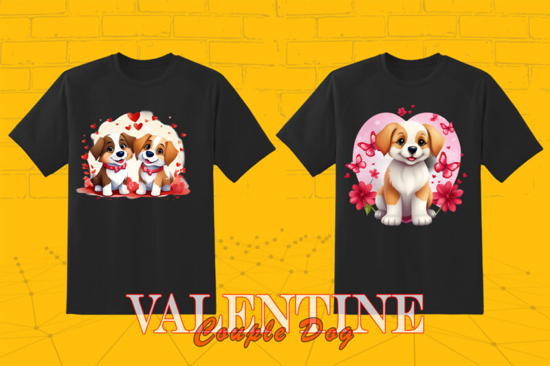 Valentines Day Dog Couple Cartoon Character Illustration 20 T-shirt PNG Clipart Bundle