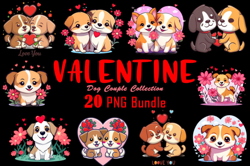 Valentines Day Dog Couple Cartoon Character Illustration T-shirt Clipart Bundle for Trendy T-Shirt Designs