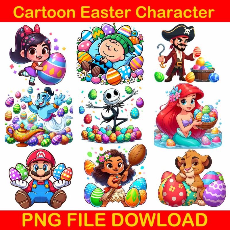 Cartoon Easter Character Png Bundle, Spring Easter Png, Happy Easter Day Png, Superhero Easter Png, Princess Easter Egg