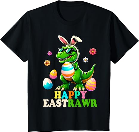 Kids dinosaur bunny egg hunting happy easter day toddler boys t-shirt