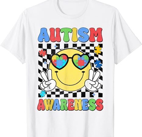 Retro groovy autism awareness hippie smile face boy girl kid t-shirt