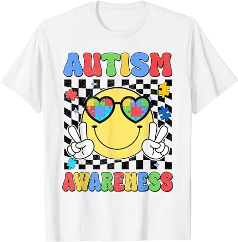 Retro Groovy Autism Awareness Hippie Smile Face Boy Girl Kid T-Shirt