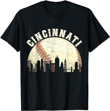 Vintage Cincinnati Cityscape Baseball Lover Men Women Kids T-Shirt