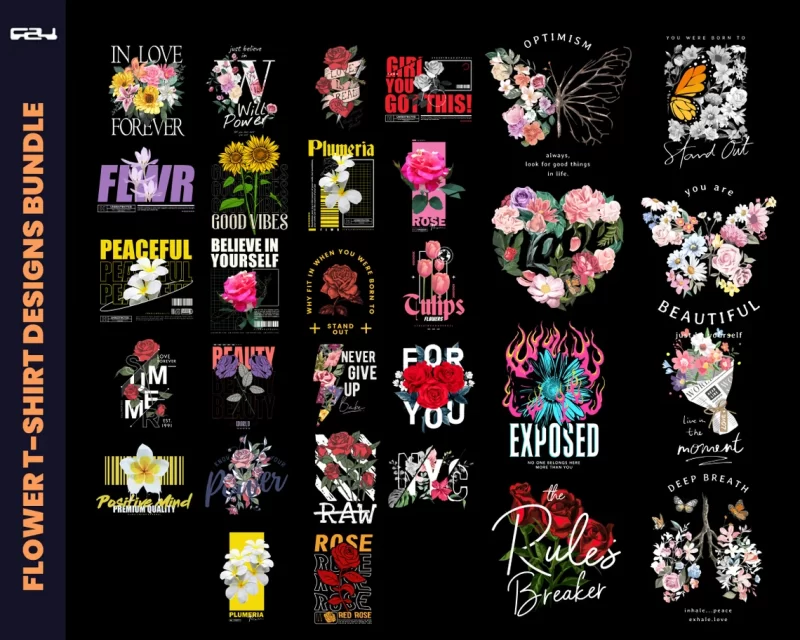 60 T-shirt designs bundle, Flower streetwear design bundle, Streetwear Designs, Aesthetic Design, Urban designs, Graphics shirt , DTF, DTG