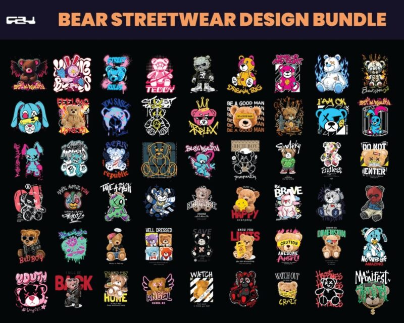 108 Bear T-shirt designs bundle, Streetwear design bundle, streetwear design, teddy bear design, urban t-shirts, hip hop t-shirt, DTF, DTG