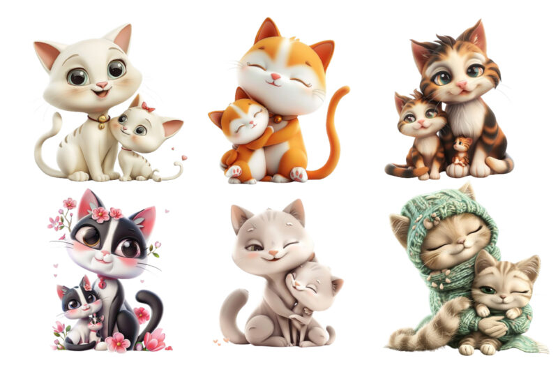 3d cartoon cute Cat Mom and Baby Sublimation