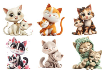 3d cartoon cute Cat Mom and Baby Sublimation