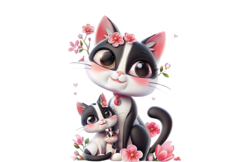 3d cartoon cute Cat Mom and Baby Sublimation