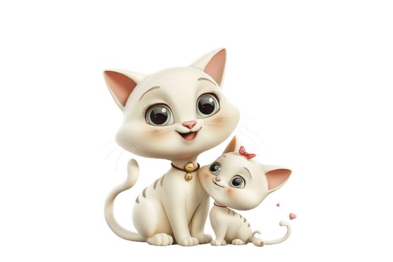 3d cartoon cute Cat Mom and Baby Sublimation