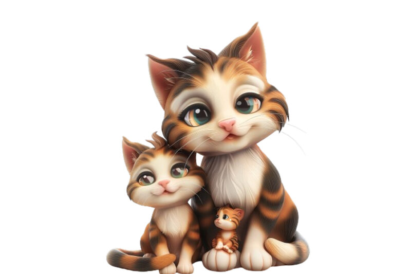 3d cartoon cute Cat Mom and Baby Sublimation