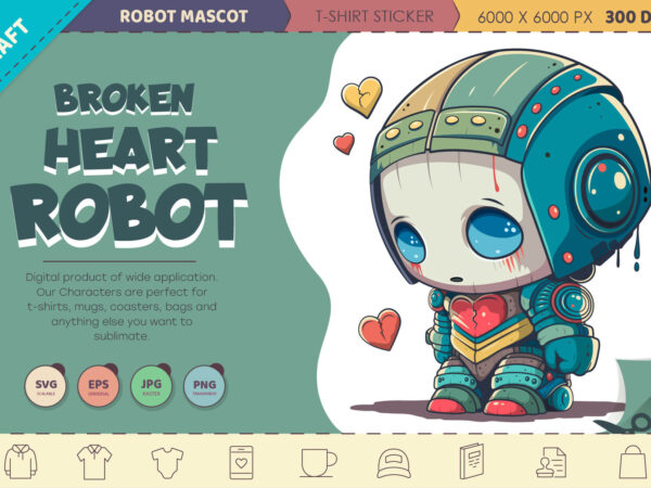 Broken heart robot. t-shirt, png, svg.