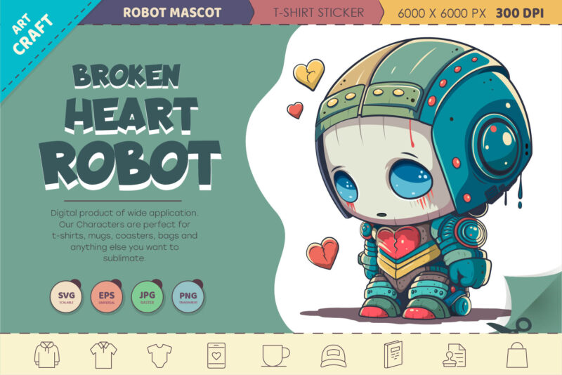 Broken Heart Robot. T-Shirt, PNG, SVG.