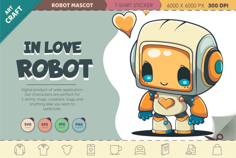 Cartoon robot in love. T-Shirt, PNG, SVG.