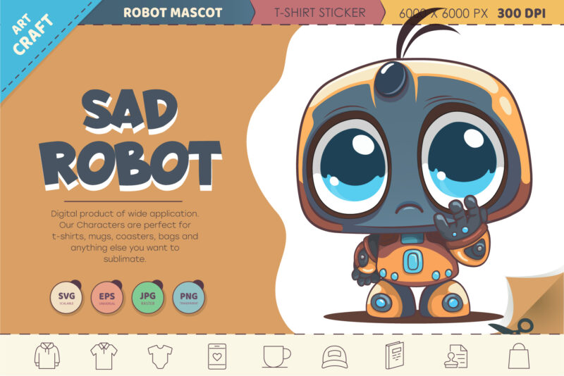 Cartoon sad robot. T-Shirt, PNG, SVG.