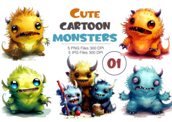 **Cute cartoon monster 01. TShirt Sticker.** 5 Cute colorful monster illustrations are a great choice for making cards, invitations, party