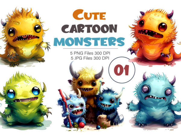 **cute cartoon monster 01. tshirt sticker.** 5 cute colorful monster illustrations are a great choice for making cards, invitations, party
