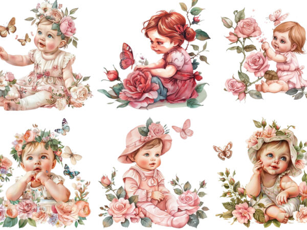 Cute baby in rose with butterfly sublimation t shirt vector file