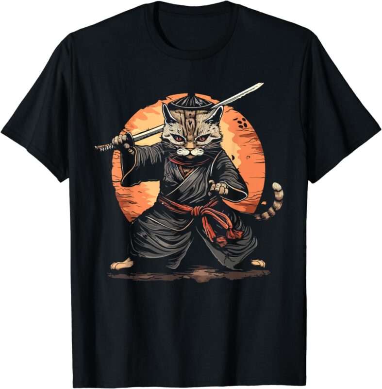 Kawaii Graphic Japanese Anime Manga Samurai Ninja Cat T-Shirt