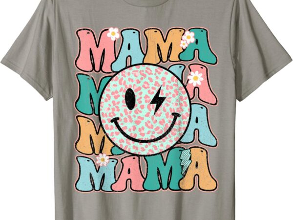 Mama leopard smile bolt lightning checkered groovy mom life t-shirt