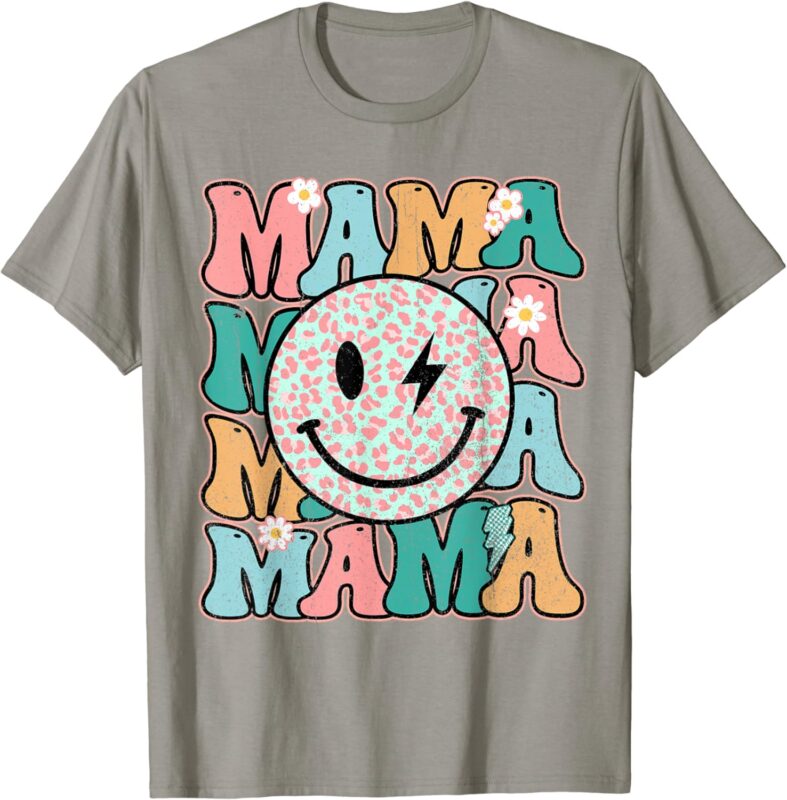 Mama Leopard Smile Bolt Lightning Checkered Groovy Mom Life T-Shirt