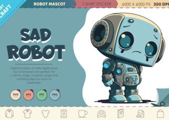 Sad cartoon Robot. T-Shirt, PNG, SVG.