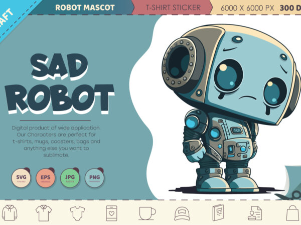 Sad cartoon robot. t-shirt, png, svg.