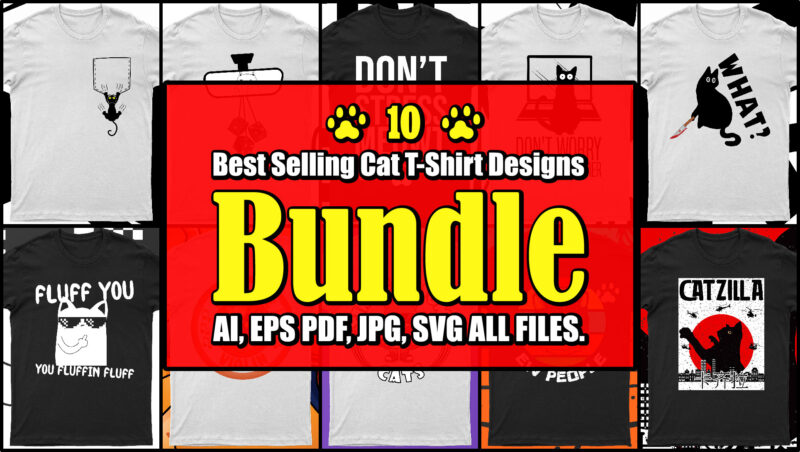 Pack Of 10 Top Selling Cat T-Shirt Designs | Ready To Print.