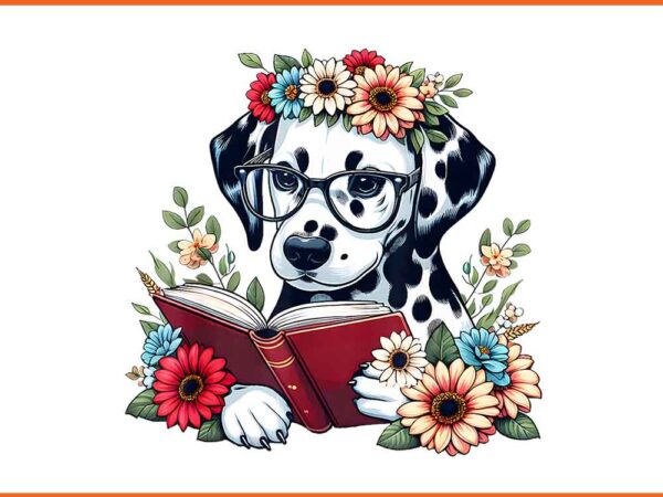 Dalmatian dog with flowers and read a book png t shirt vector illustration