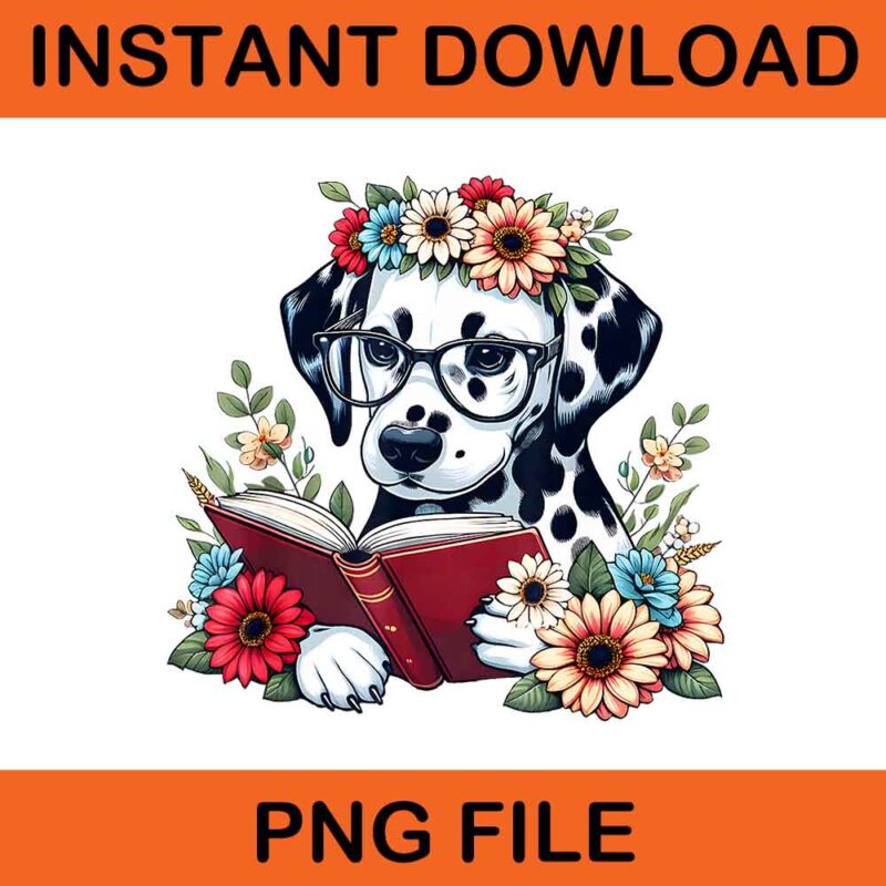 Dalmatian Dog with flowers and read a book PNG