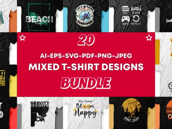 Pack of 20 mixed t-shirt designs for sale.