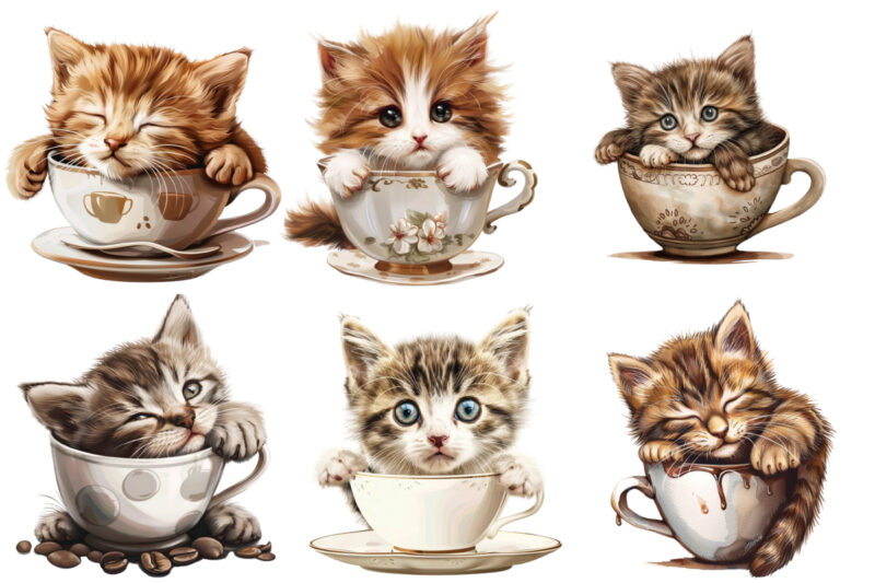 cute cat in coffe cup sublimation clipart