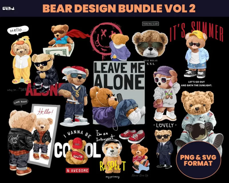 105 Bear t-shirt designs bundle, bear design, streetwear design, T-Shirt pod design, Teddy Bear Design, Urban, DTF, DTG ,png, svg