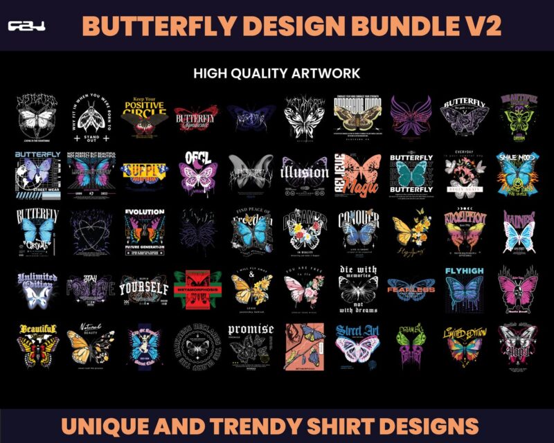 50 Butterfly designs bundle, Butterflies streetwear design, streetwear design, butterfly png, Urban designs, butterfly svg, DTF, DTG