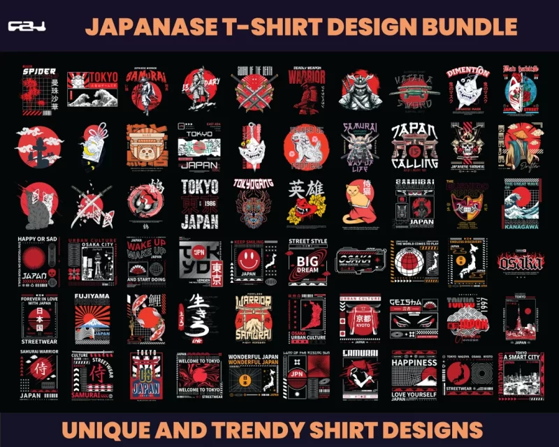 105 Japanese Designs bundles, T-shirt Design bundle, Samurai Designs, Aesthetic Design, urban designs, Graphics tees design, Ronin, DTF, DTG