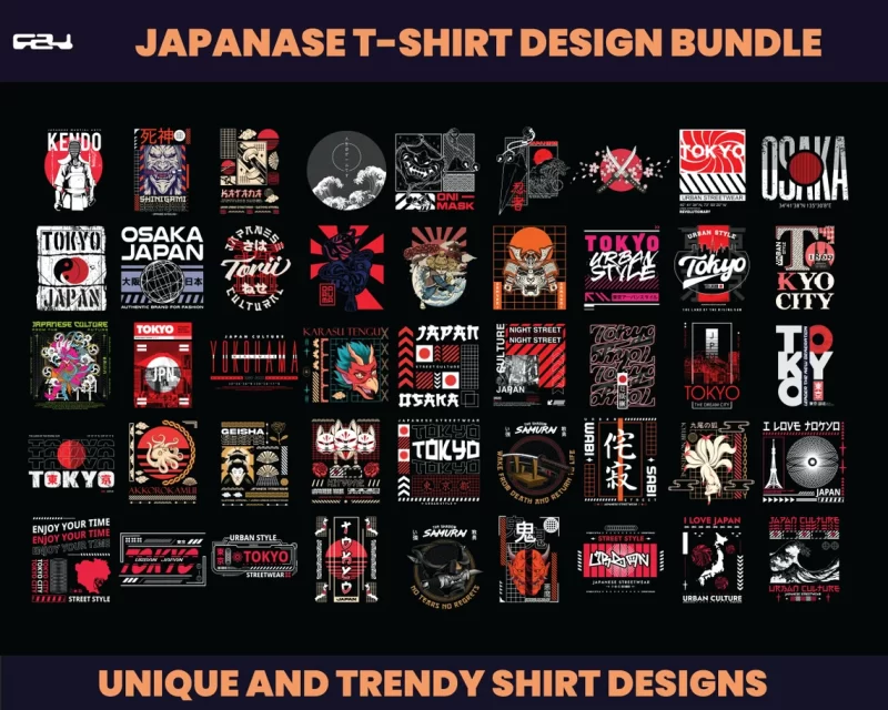 105 Japanese Designs bundles, T-shirt Design bundle, Samurai Designs, Aesthetic Design, urban designs, Graphics tees design, Ronin, DTF, DTG