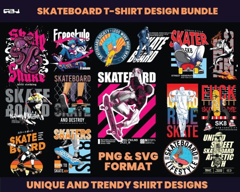 60 Skateboard Design bundle , skate design, T-shirt Design, Streetwear Design, skateboard Design, Urban Shirt design, Graphics tee, DTF, DTG