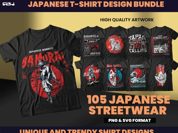 105 japanese designs bundles, t-shirt design bundle, samurai designs, aesthetic design, urban designs, graphics tees design, ronin, dtf, dtg