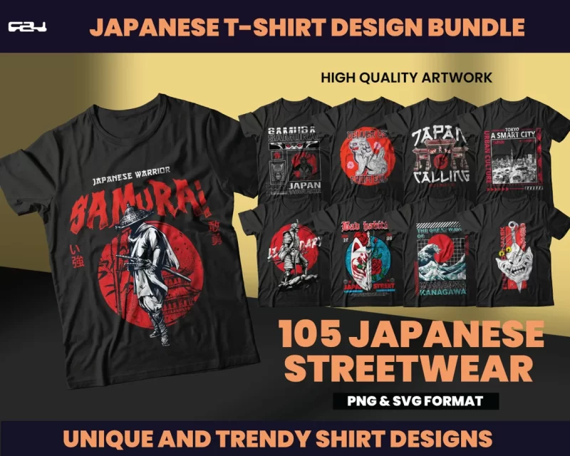 105 Japanese Designs bundles, T-shirt Design bundle, Samurai Designs, Aesthetic Design, urban designs, Graphics tees design, Ronin, DTF, DTG