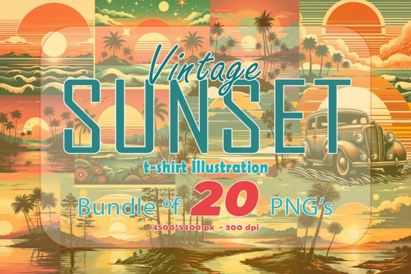 Vintage Sunset T-shirt Design Illustration T-shirt Clipart Bundle Perfect for Stylish T-Shirt Design