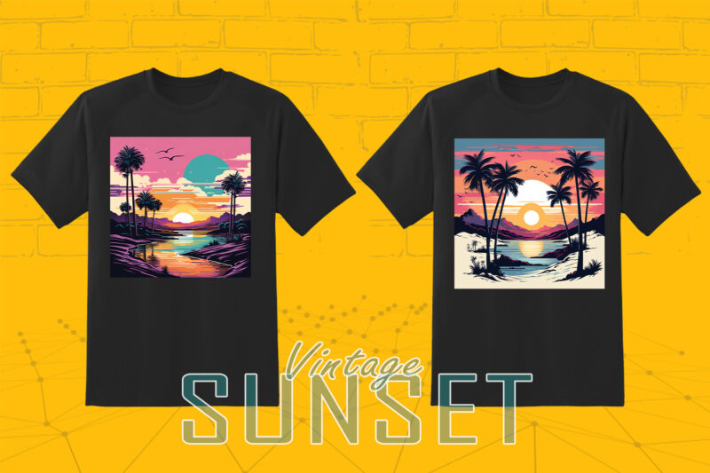 110 Vintage Sunset T-shirt Illustration Clipart Big Bundle crafted for Print on Demand Business