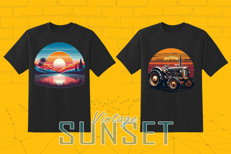 110 Vintage Sunset T-shirt Illustration Clipart Big Bundle crafted for Print on Demand Business