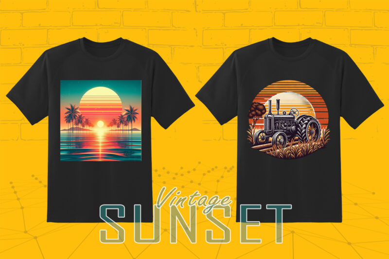 110 Vintage Sunset T-shirt Illustration Clipart Big Bundle crafted for Print on Demand Business