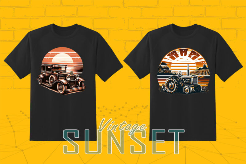 110 Vintage Sunset T-shirt Illustration Clipart Big Bundle crafted for Print on Demand Business