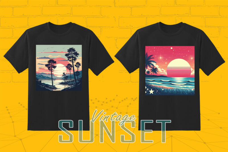 110 Vintage Sunset T-shirt Illustration Clipart Big Bundle crafted for Print on Demand Business