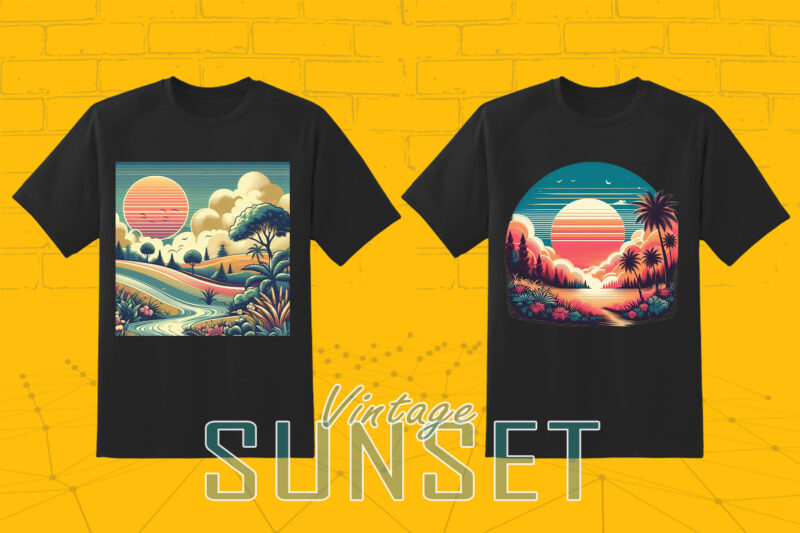 110 Vintage Sunset T-shirt Illustration Clipart Big Bundle crafted for Print on Demand Business