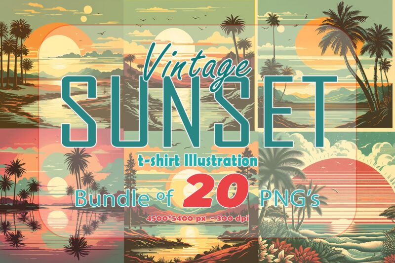 20 Retro Sunset Illustration T-shirt Clipart Bundle for Your T-Shirt crafted for Print on Demand