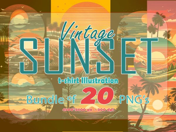 Vintage sunset t-shirt illustration clipart bundle crafted for print on demand business